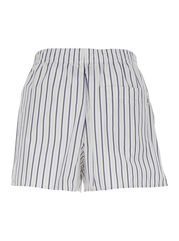 White Shorts with Elastic Waist and All-Over Striped Motif for Women Cotton Bermuda