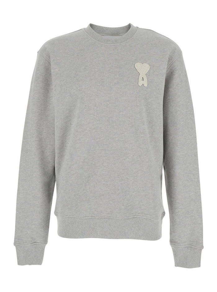 Grey Sweater with AMI de Coeur Patch on the Front in Cotton Man Jersey