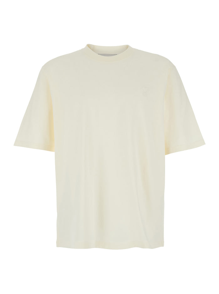 White Crew Neck T-Shirt with Tone-on-Tone ADC Embroidery on the Front in Cotton for Men Tshirts And Polo Shirts