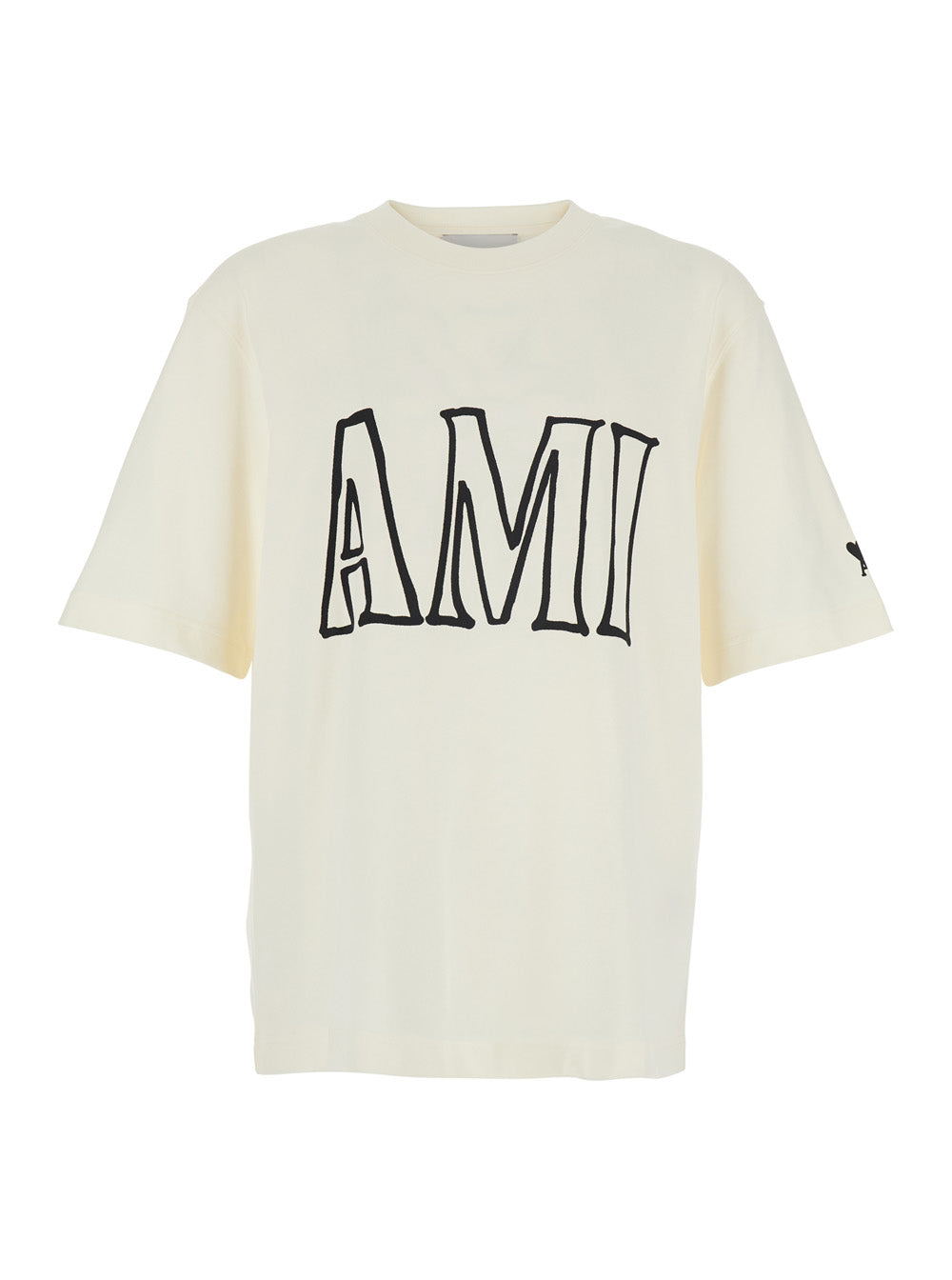 White T-Shirt with AMI PARIS Print on Front and Back in Cotton Man Tshirts Polo Shirts