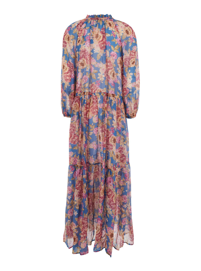 Multicolor Long Caftan Round Neck with Balloon Sleeves and All-Over Floral Print in Silk Blend for Women Cotton Beachwear
