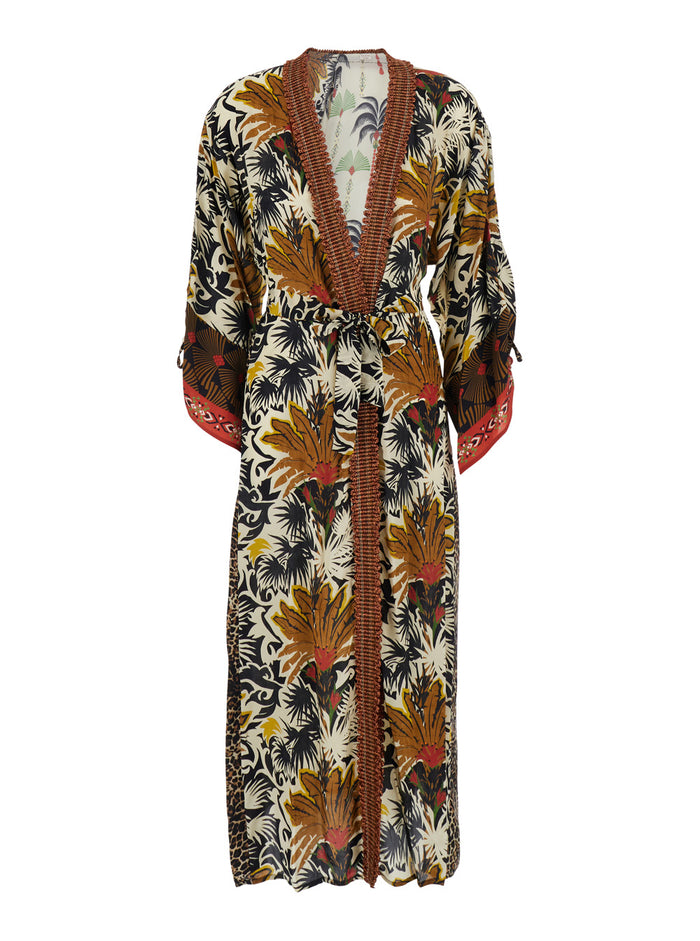 Kimono Long Dress - With Wide Sleeves And Floral Motif Viscose Multicolor Women Beachwear