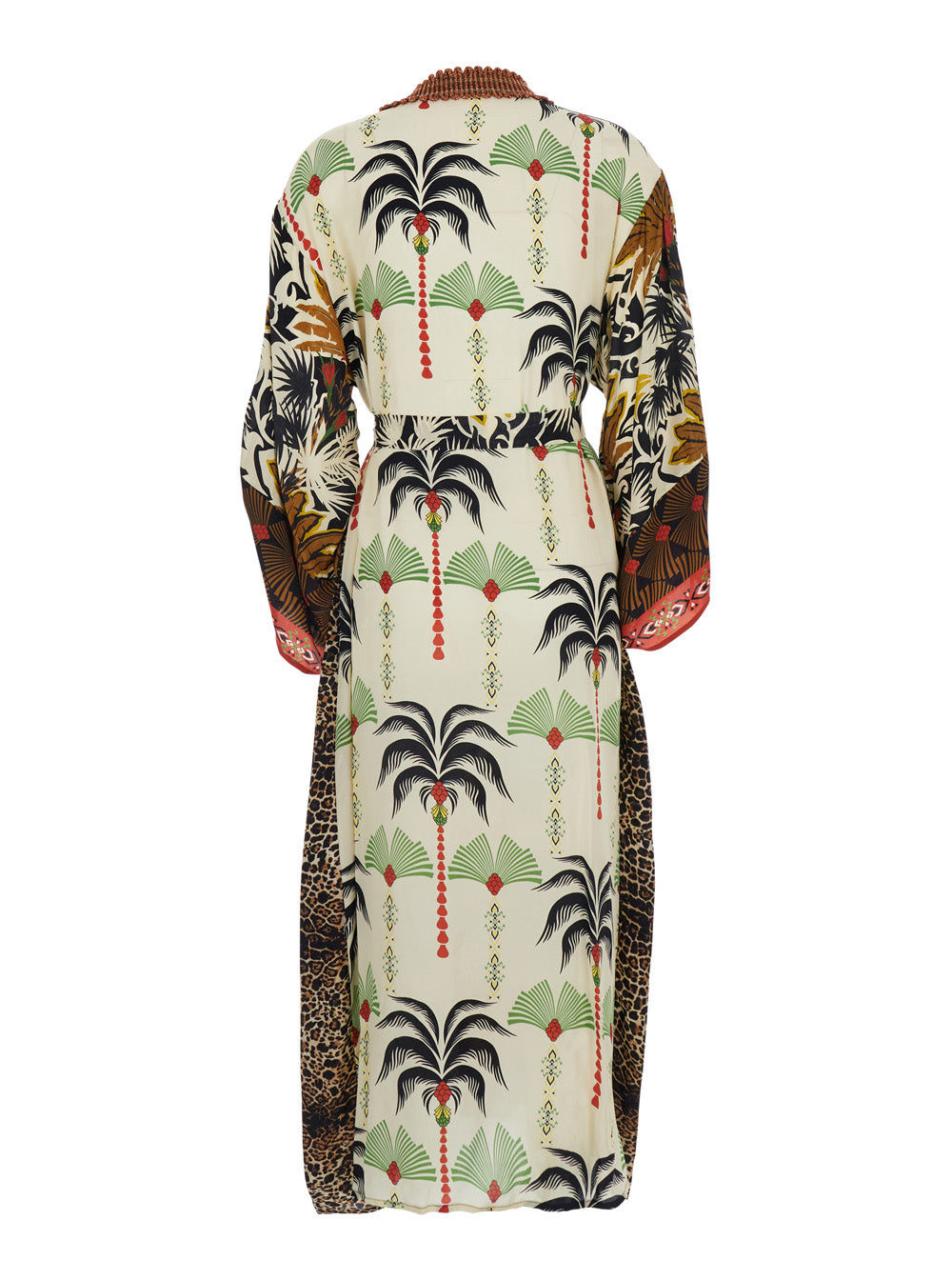Kimono Long Dress - With Wide Sleeves And Floral Motif Viscose Multicolor Women Beachwear