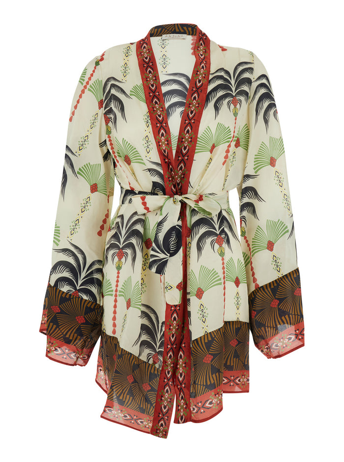 Short Kimono - Kaftan With Multicolor Motifs Silk And Cotton Women Beachwear