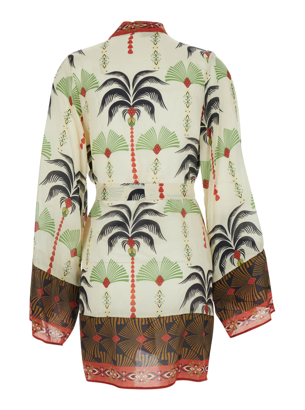 Short Kimono - Kaftan With Multicolor Motifs Silk And Cotton Women Beachwear