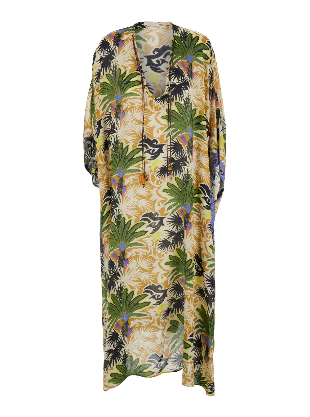 Kaftan Long Dress - Multicolor With V Neck And Sleeves Viscose Women Beachwear