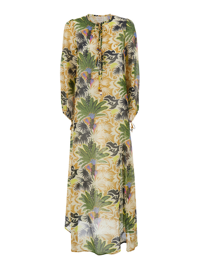 Kaftan Long Dress - Multicolor With Short Sleeves And V-Neck Cotton Silk Women Beachwear