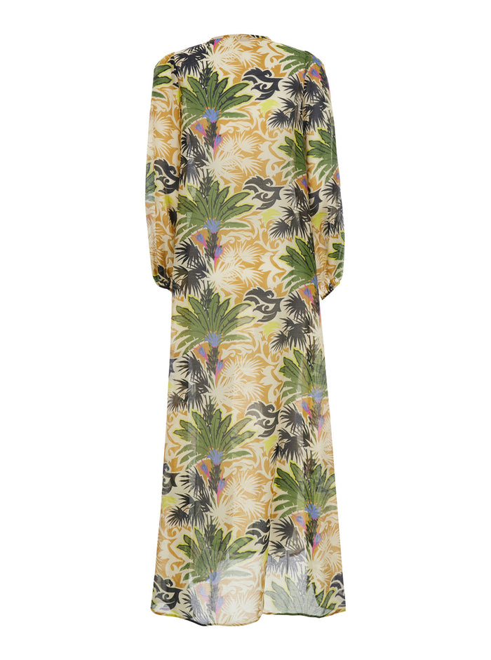 Kaftan Long Dress - Multicolor With Short Sleeves And V-Neck Cotton Silk Women Beachwear
