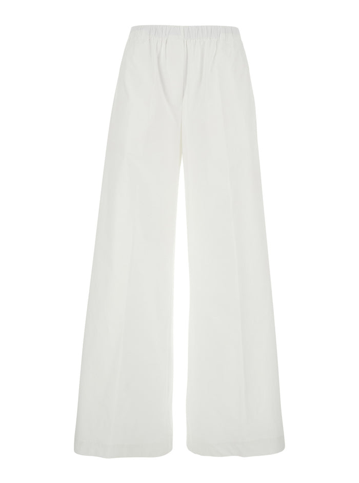 White Cotton Pants with Elastic Waist for Women Elastane Trousers