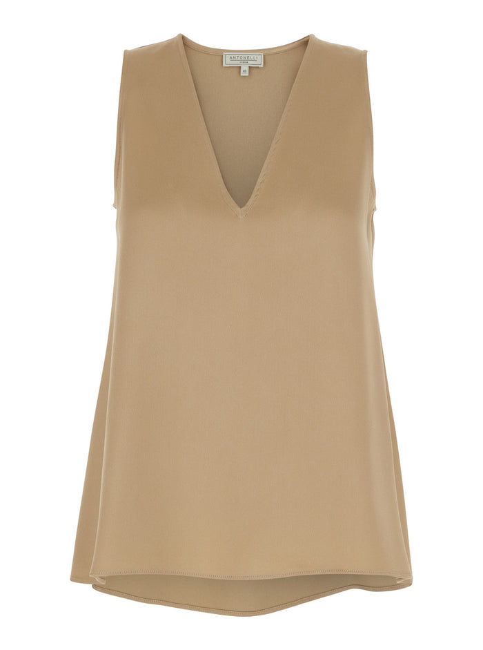 Angelica Beige Sleeveless Top with V-Neck in Viscose Blend Women Acetate Tops
