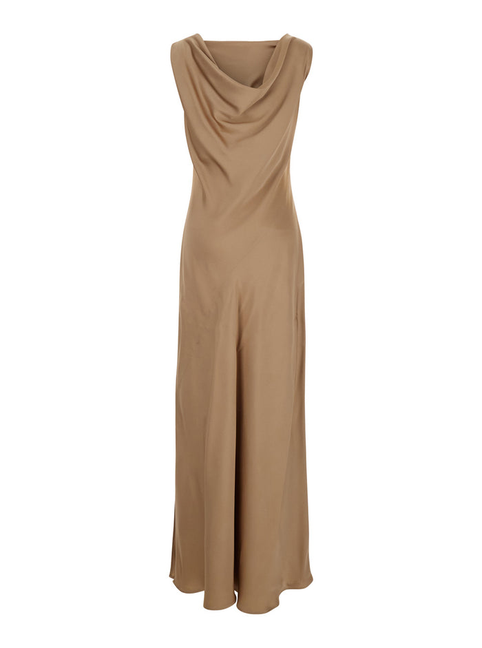 Long Dress Mara with Boat Neckline and Draping on the Back in Beige Viscose Blend for Women Acetate
