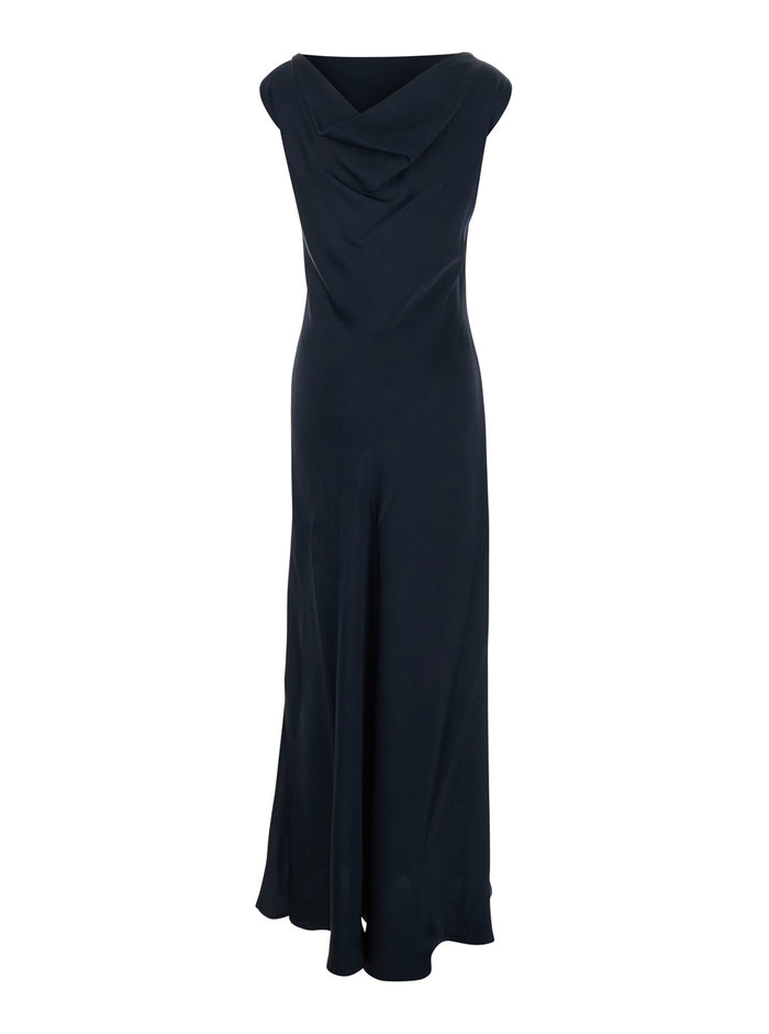 Blue Long Dress with Draped Neckline in Tech Fabric for Women Blu Acetate Viscose