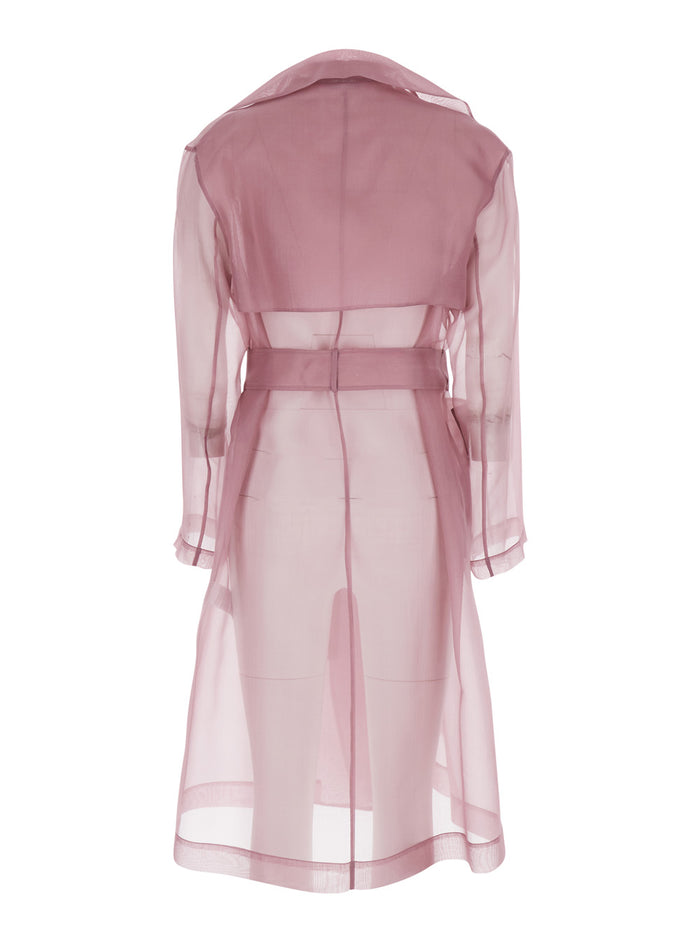Valmorea Organza Trench Purple With Front Closure And Silk Belt For Women Violet