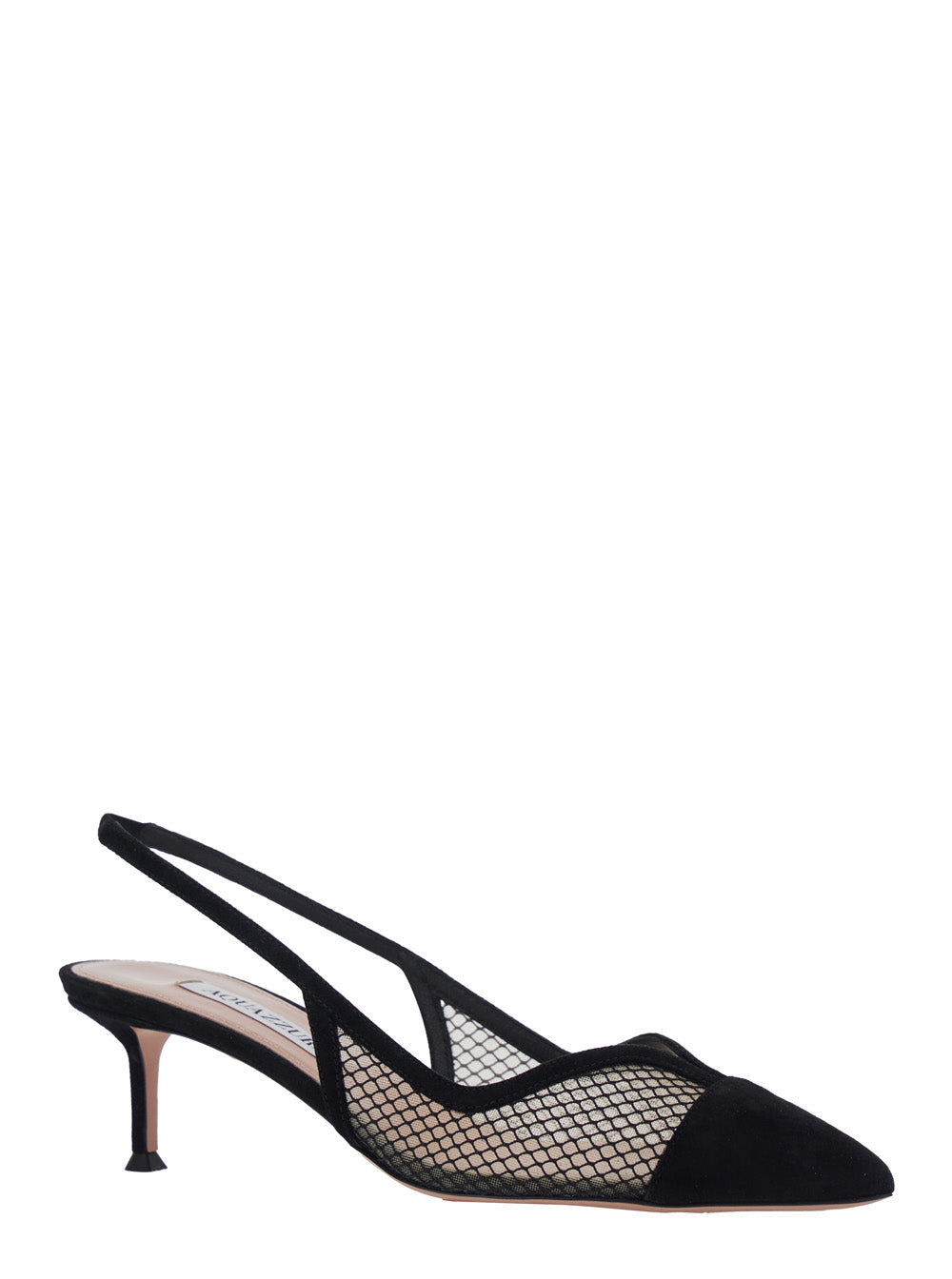 Gia Black Slingback Pumps with Pointed Toe and Mesh Panels in Suede for Women Textile Heels