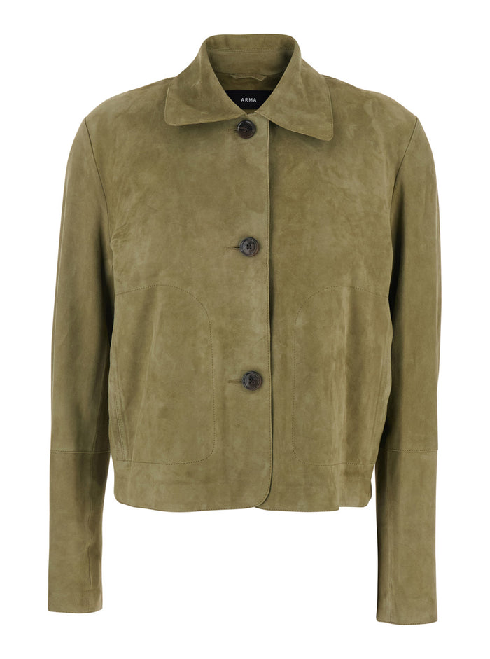 Emy Green Jacket With Classic Collar And Button Closure On The Front Suede For Women Goat