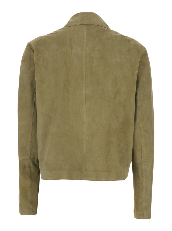 Emy Green Jacket With Classic Collar And Button Closure On The Front Suede For Women Goat