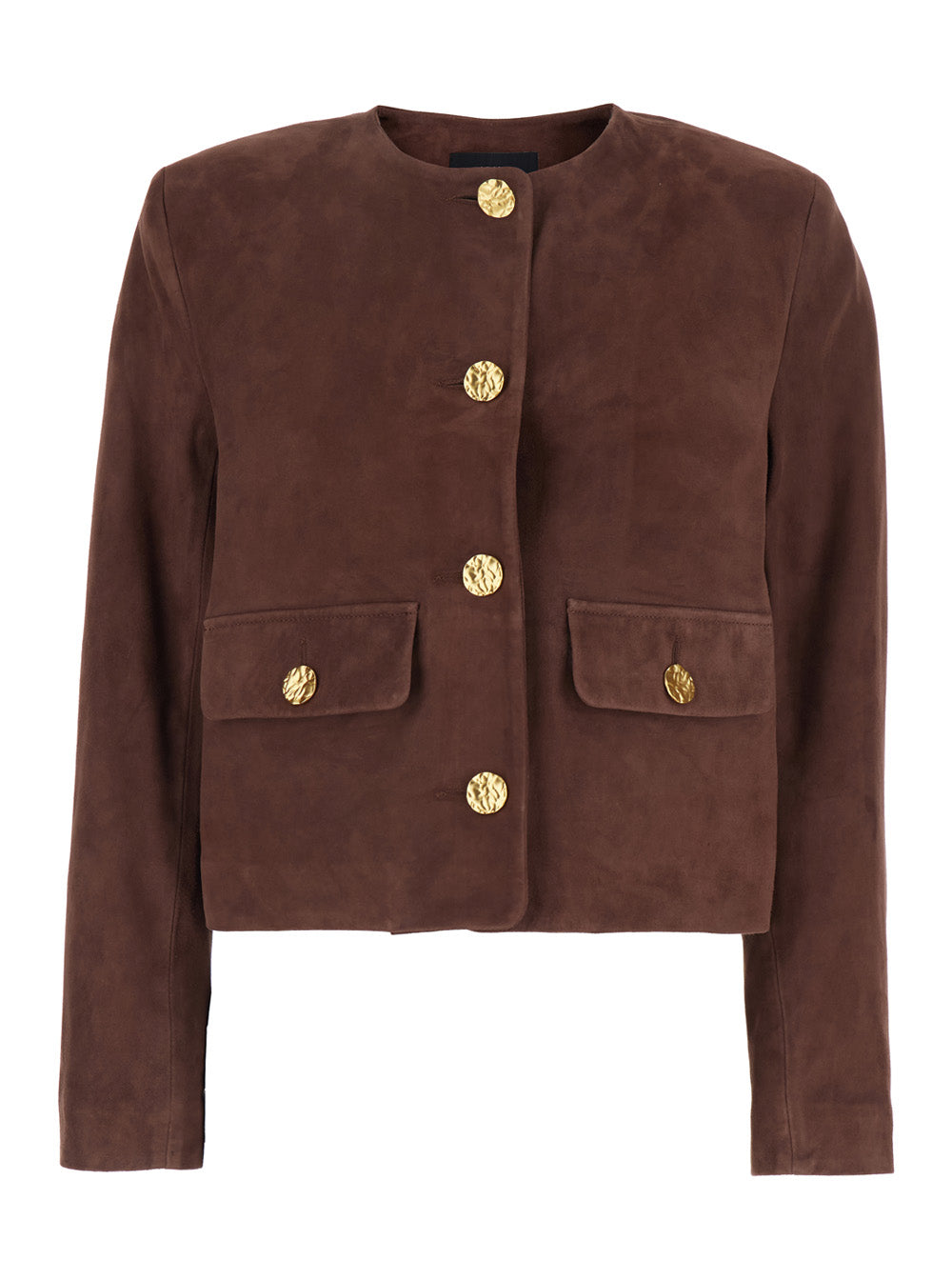 Lorenne Jacket with Round Neck and Applied Pockets on the Front in Brown Suede for Women Goat Outerwear