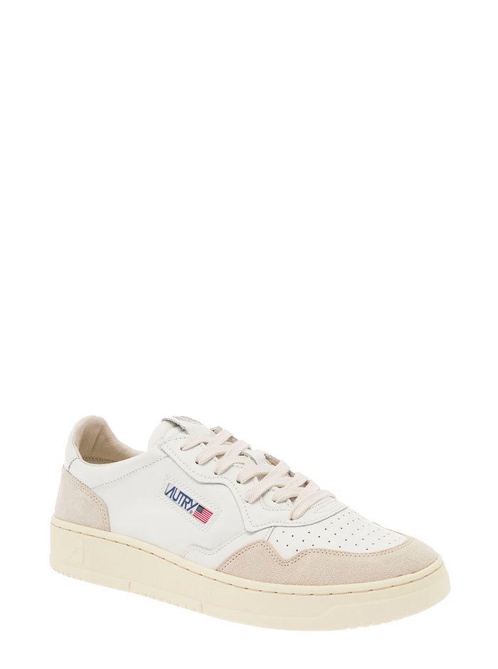 Medalist White Low Top Sneaker with Beige Suede Details in Leather Men Cow Nylon