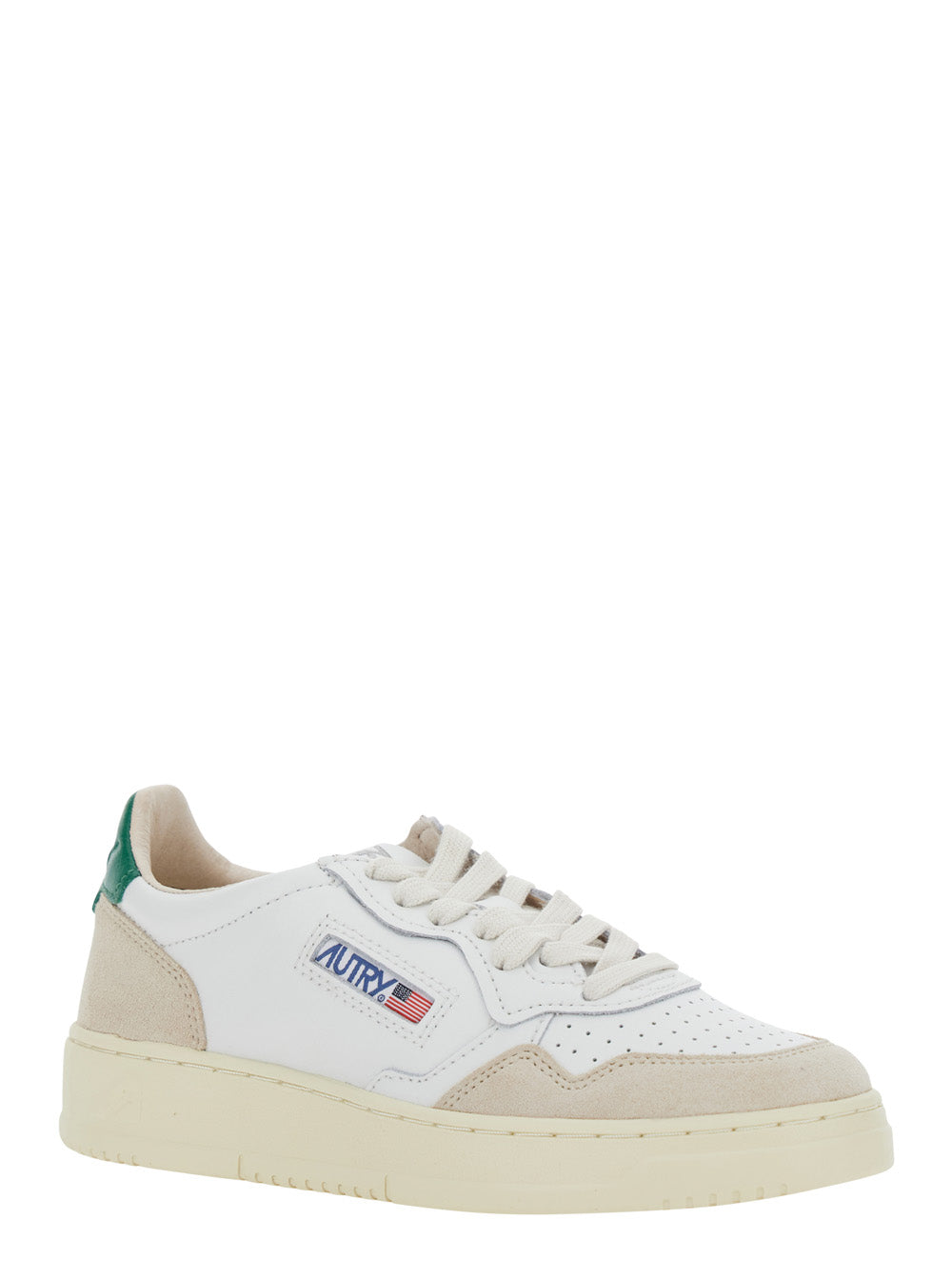 Medalist White Low Top Sneakers With Green Suede Details Leather Woman