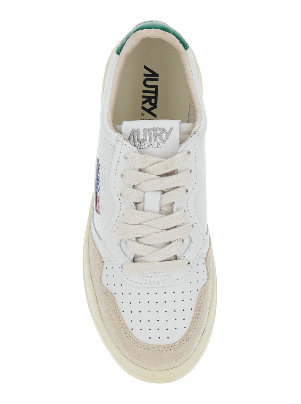 Medalist White Low Top Sneakers With Green Suede Details Leather Woman
