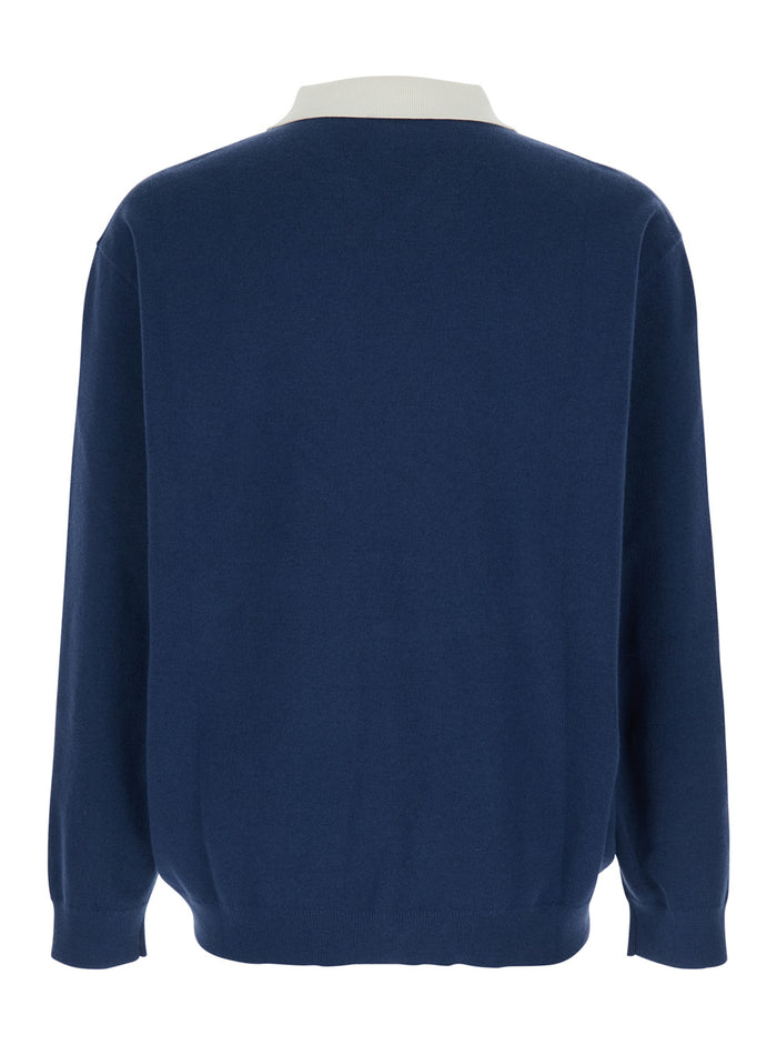 Blue Polo Shirt with Contrast Collar and Logo on Front in Cotton Blend Man Blu Jersey