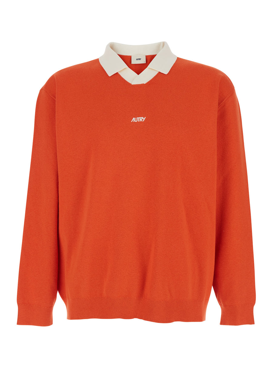 Polo-Neck Sweater Orange Cotton Blend