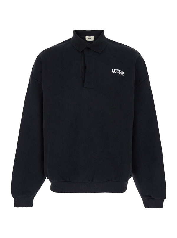 Sweatshirt With Polo Collar Black Cotton Sweatshirts