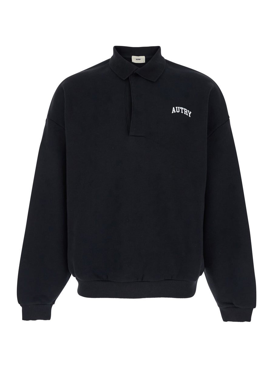 Sweatshirt With Polo Collar Black Cotton Sweatshirts