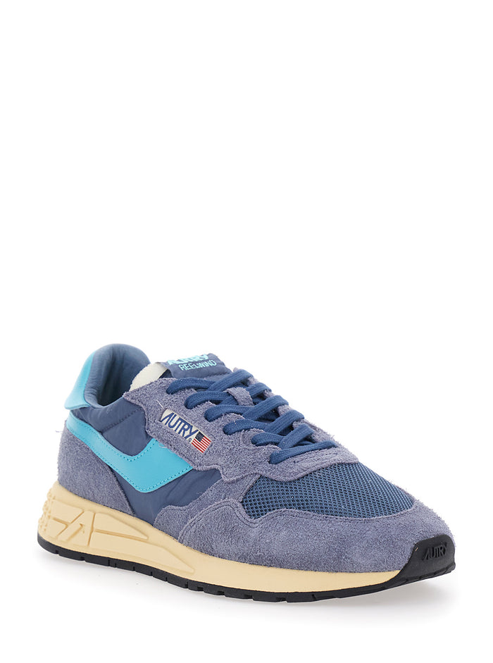 Reelwind Blue Sneaker Low Top with Logo Patch on Tongue and Side in Leather Blend Man Blu Nylon Cow Mesh