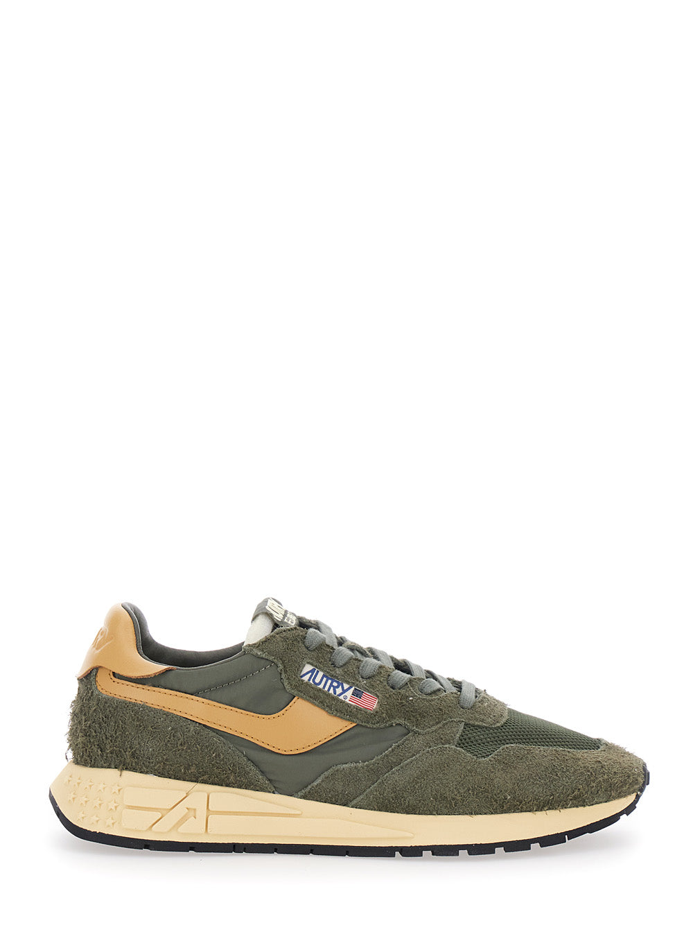 Reelwind Green Sneaker Low Top with Logo Patch on Tongue and Side in Suede Man Nylon Cow Mesh