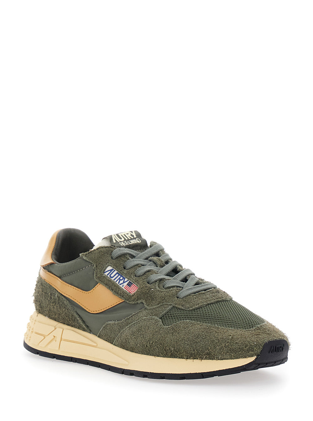 Reelwind Green Sneaker Low Top with Logo Patch on Tongue and Side in Suede Man Nylon Cow Mesh
