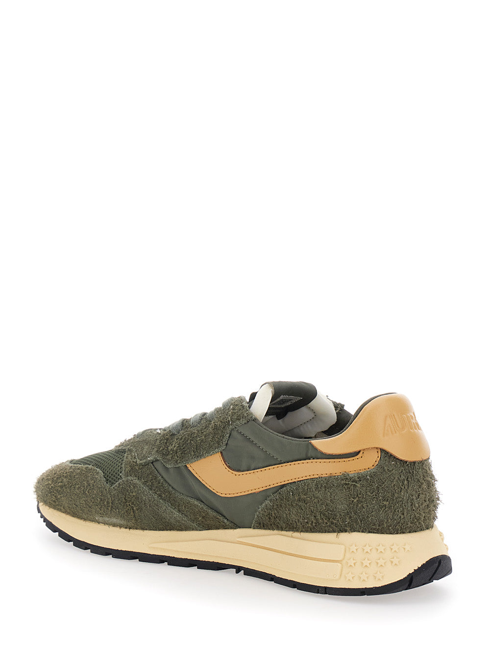 Reelwind Green Sneaker Low Top with Logo Patch on Tongue and Side in Suede Man Nylon Cow Mesh