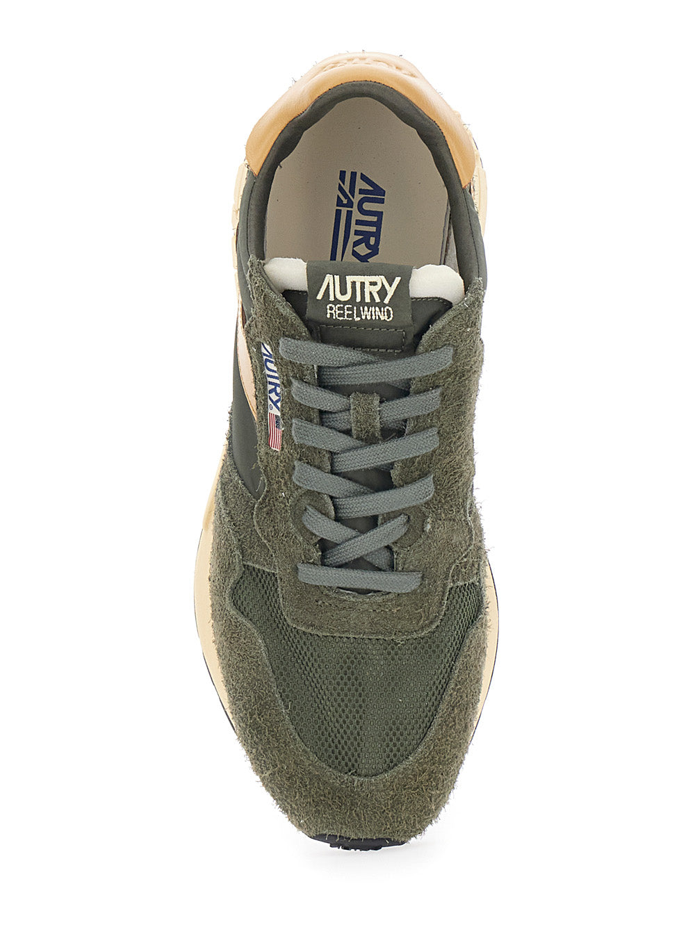 Reelwind Green Sneaker Low Top with Logo Patch on Tongue and Side in Suede Man Nylon Cow Mesh