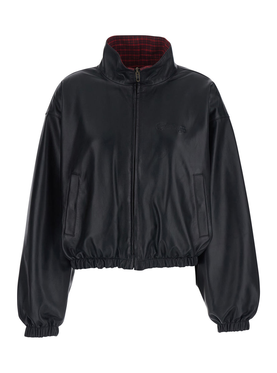 Leather Jacket High Collar Black Lamb Coat