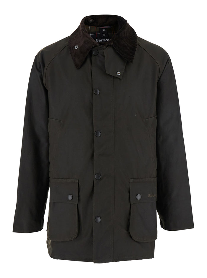 Bedale Jacket with Embroidered Logo on Front in Tech Fabric Green Men Waxed Cotton Outerwear