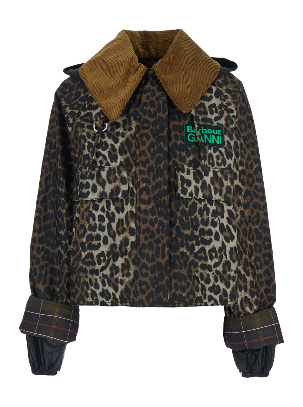 Oversized Jacket with Collar and All-Over Leopard Print in Brown Waxed Cotton for Women Outerwear