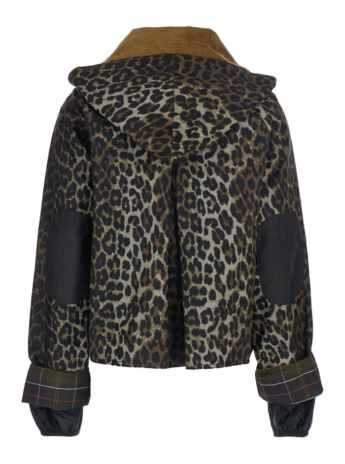 Oversized Jacket with Collar and All-Over Leopard Print in Brown Waxed Cotton for Women Outerwear