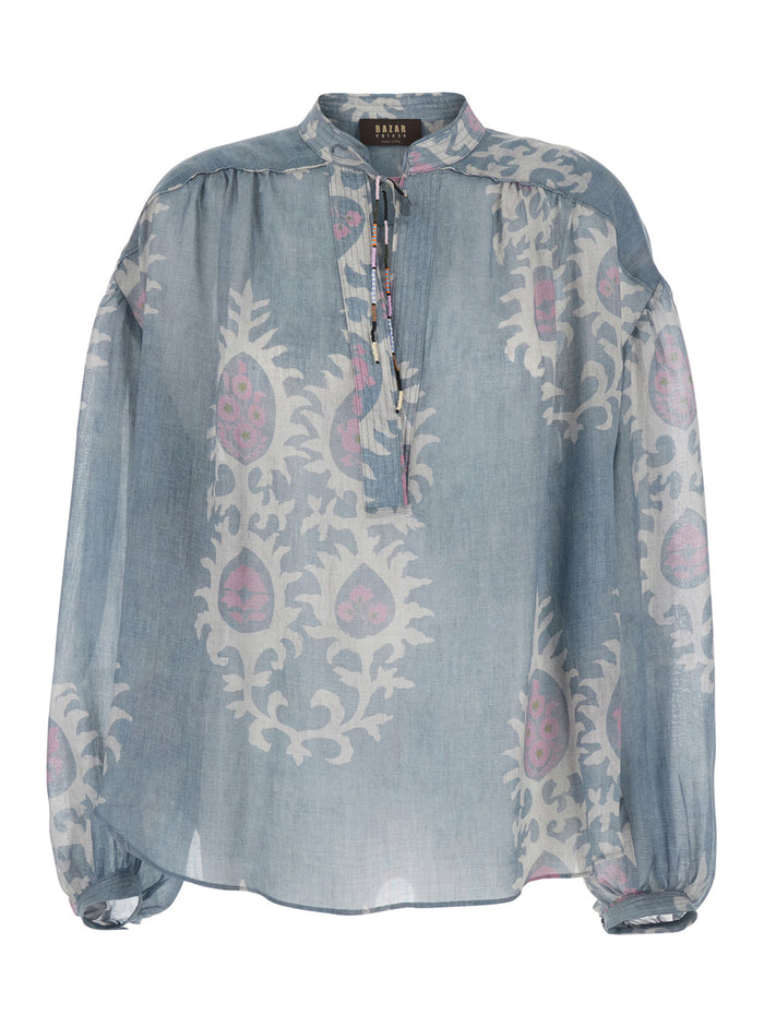 Blue Shirt with Drawstring Closure and All-Over Print in Fabric for Women Blu Glass Ramie Blouses