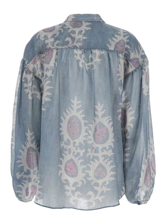 Blue Shirt with Drawstring Closure and All-Over Print in Fabric for Women Blu Glass Ramie Blouses