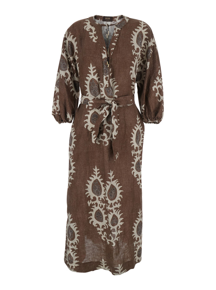 Long Dress with V-neck and All-over Floral Print in Brown for Women Linen