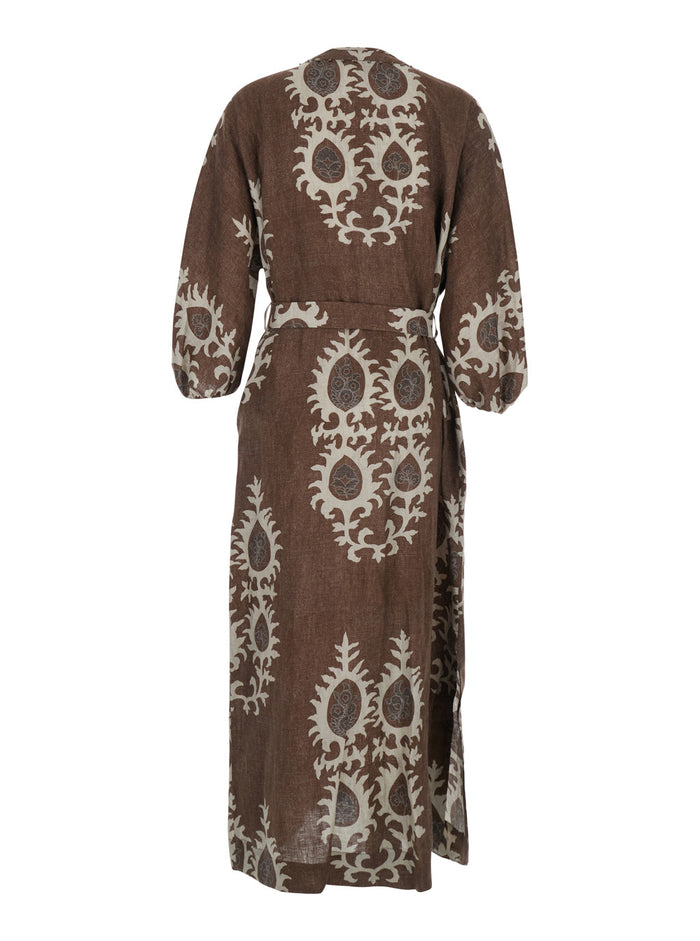 Long Dress with V-neck and All-over Floral Print in Brown for Women Linen