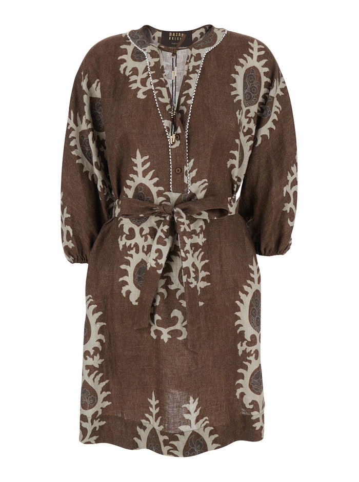 Short Dress with V-neck and All-over Floral Print in Brown for Women Linen