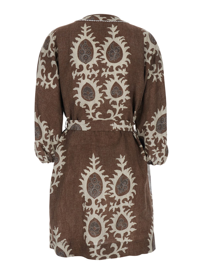 Short Dress with V-neck and All-over Floral Print in Brown for Women Linen