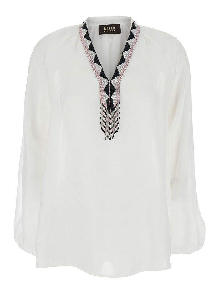White Cotton V-Neck Shirt for Women Glass Ramie And Blouses