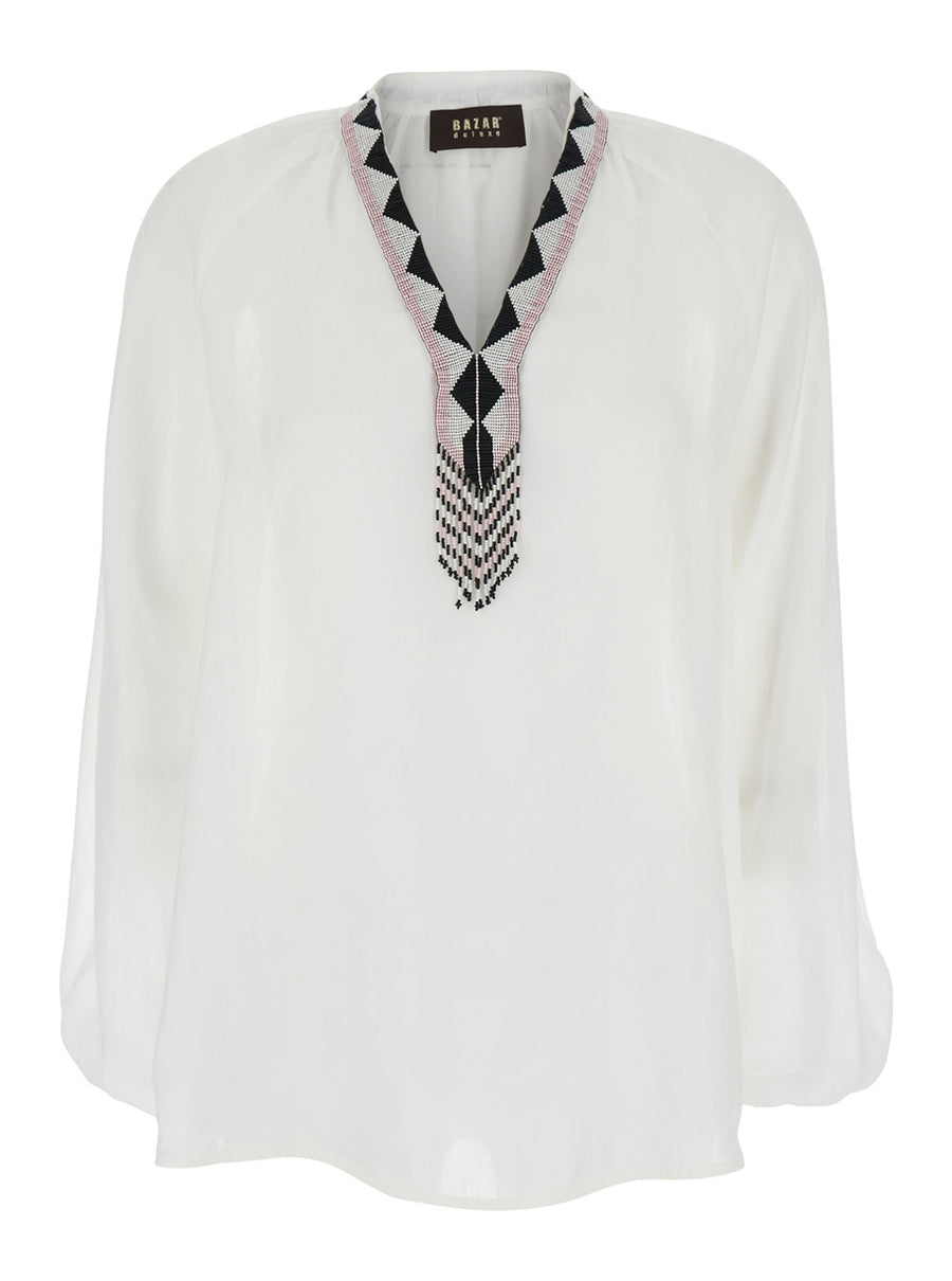 Shirt V-Neck White Glass Blouses