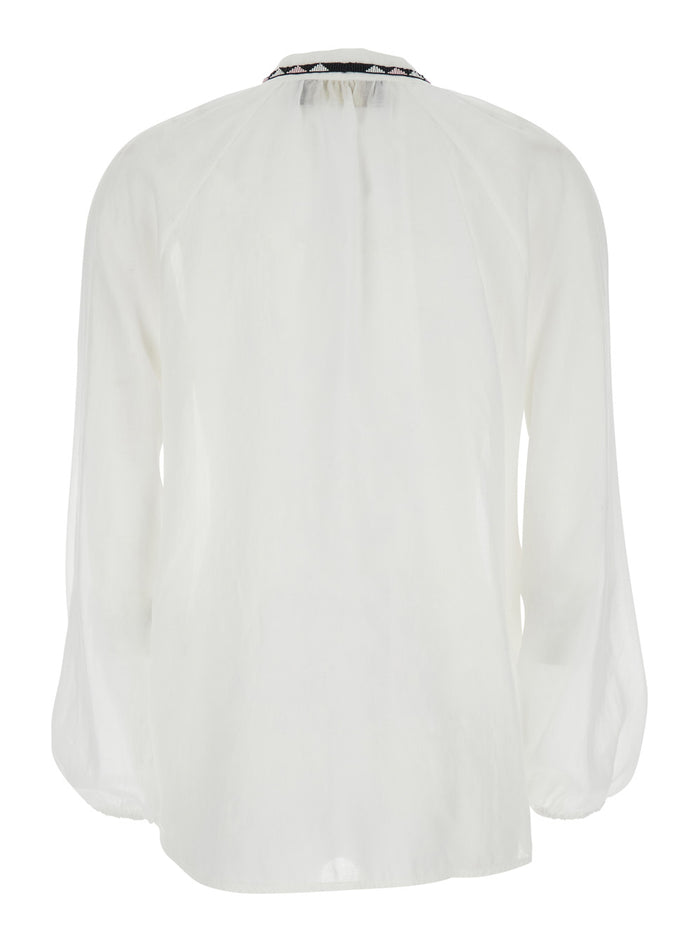 White Cotton V-Neck Shirt for Women Glass Ramie And Blouses