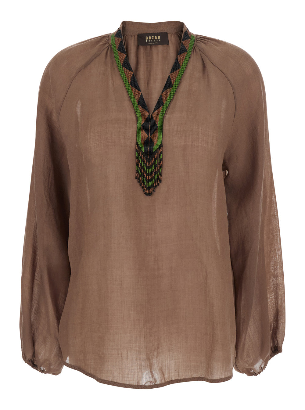 Womens Brown Cotton V-Neck Long Sleeve Shirt Glass Ramie And Blouses
