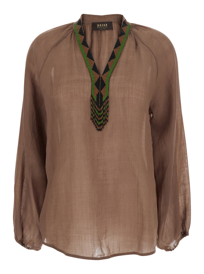 Womens Brown Cotton V-Neck Long Sleeve Shirt Glass Ramie And Blouses