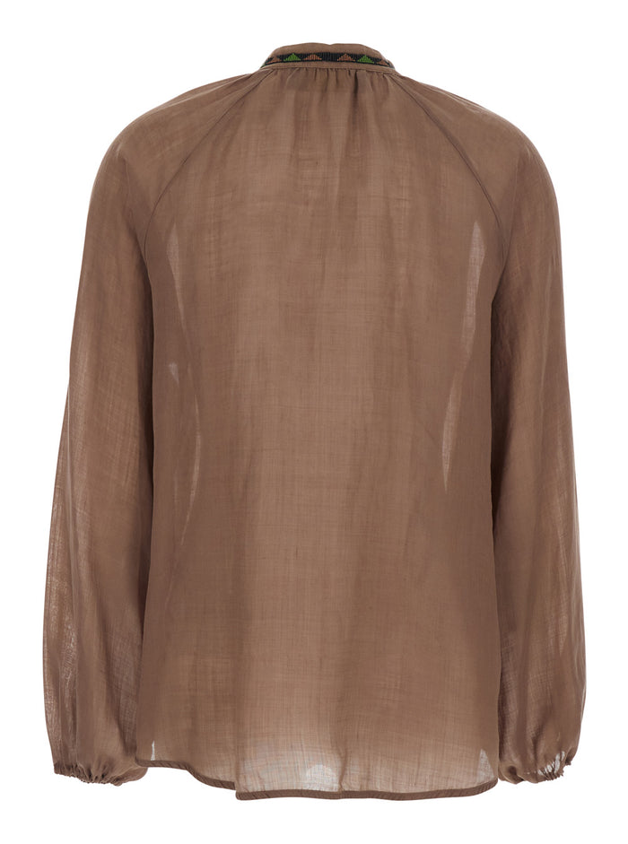 Womens Brown Cotton V-Neck Long Sleeve Shirt Glass Ramie And Blouses