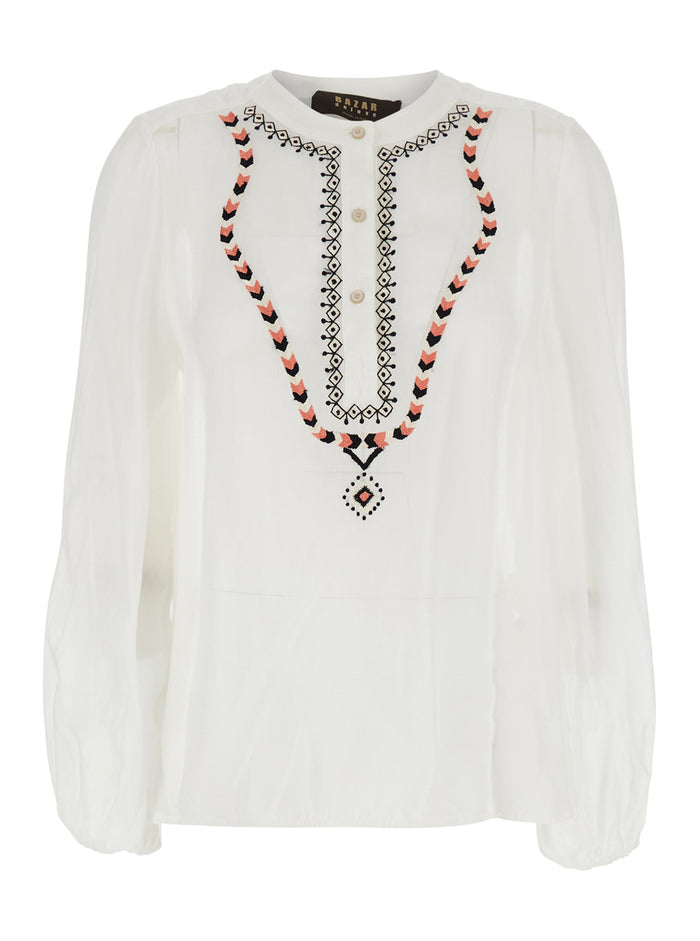 SHIRT White S11951200120 with Classic Collar and Long Sleeves in Ramie Glass Blouses